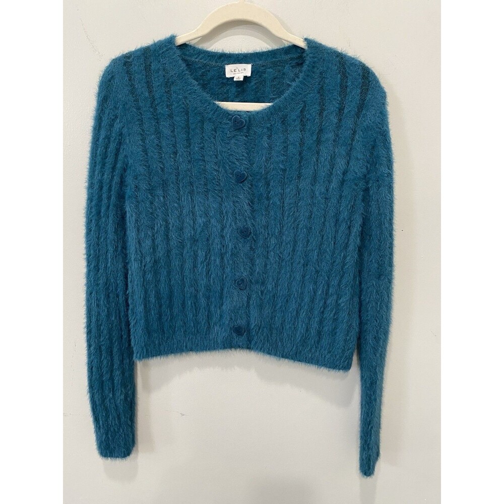 Le Lis Women’s Fuzzy Ribbed Cropped Cardigan Sz S Teal Heart Button Teal 90s Y2K